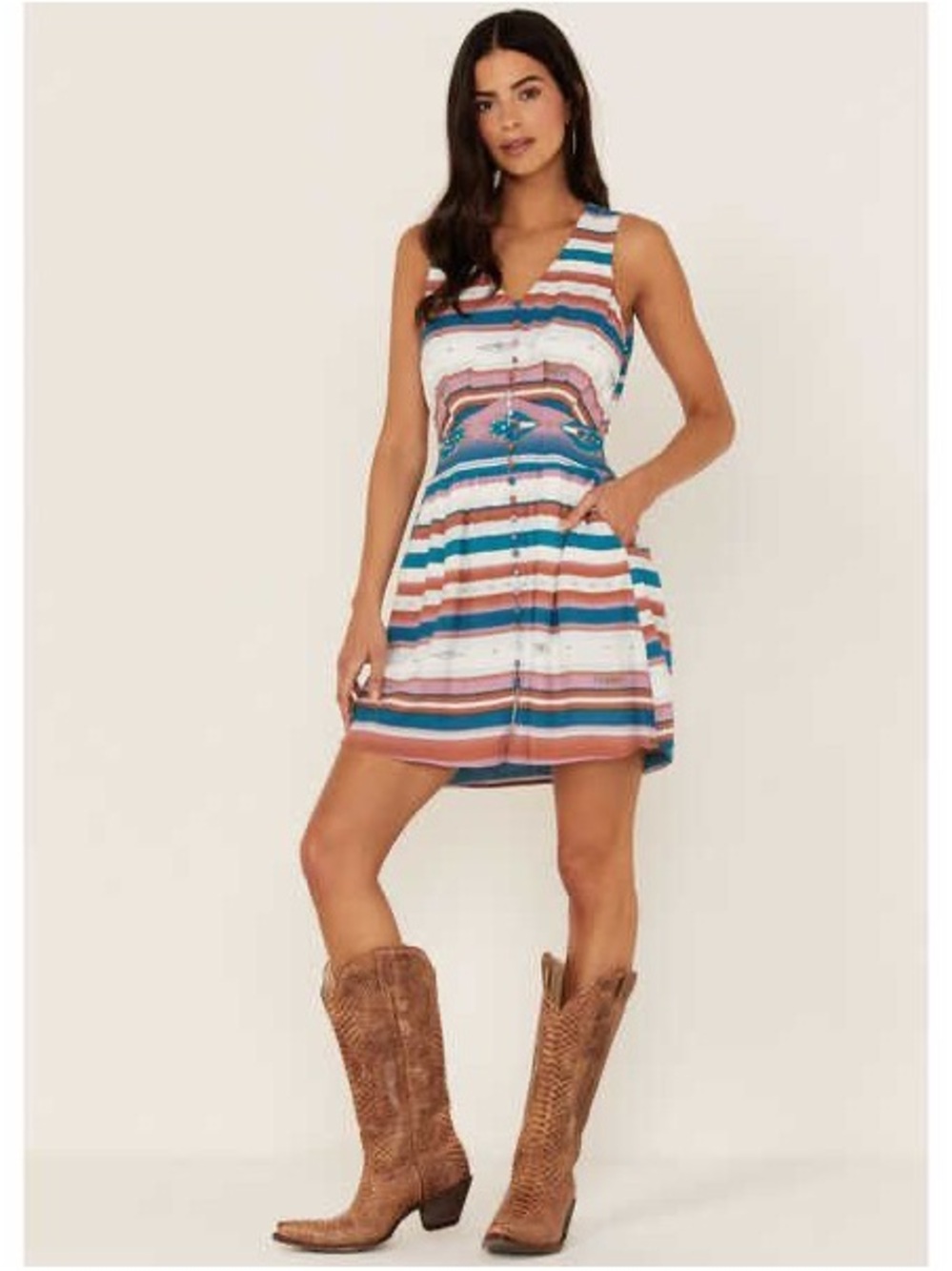 Idyllwind Multicolor Striped V-Neck Mini Dress in Teal, Pink & White